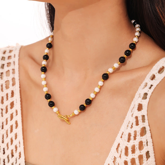 Black Agate White Shell Bead Necklace Gold OT Toggle Clasp