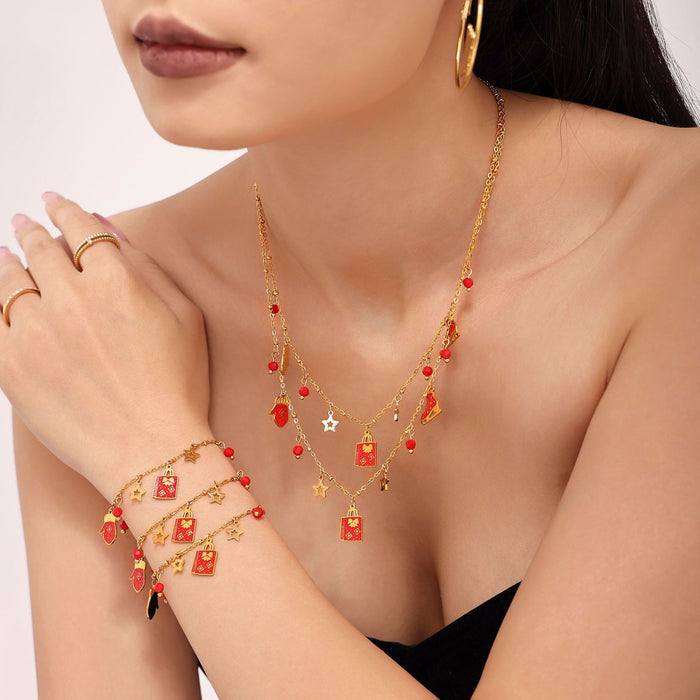 Garnet Christmas Charm Necklace and Bracelet in Gold Tone