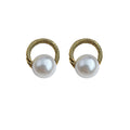 Gold Twisted Rope Open Circle White Pearl Stud Earrings view 5