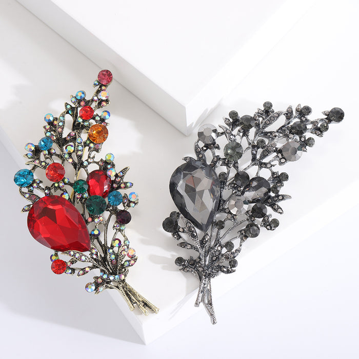 Crystal Flower Bouquet Brooch Black Multicolor Leaf Pin