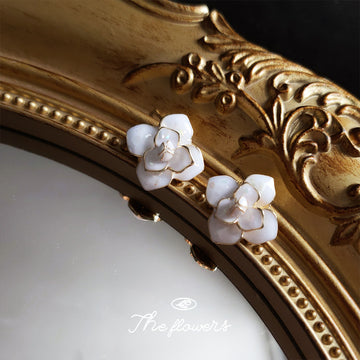 White Camellia Flower Stud Earrings Gold Rim Shell Finish