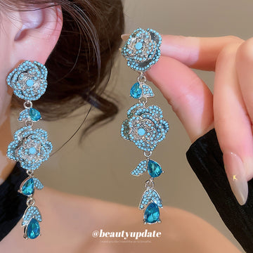 Silver Tone Blue Crystal Rose Statement Drop Earrings