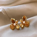 Brown Crystal Flower and Pearl Drop Statement Earrings view 2