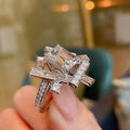 Rectangular Clear Stone Geometric Frame Oversized Ring In Silver Tone view 3