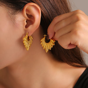 Textured Leaf Cluster Hoop Earrings In Gold Or Steel