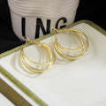 Gold Tone Triple Band Offset Oversized Hoop Stud Earrings view 3