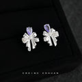 Silver Bow Stud Earrings Purple Teardrop Clear Accents view 6