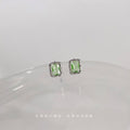 Silver Rectangular Green Crystal Stud Earrings Hammered Frame view 3