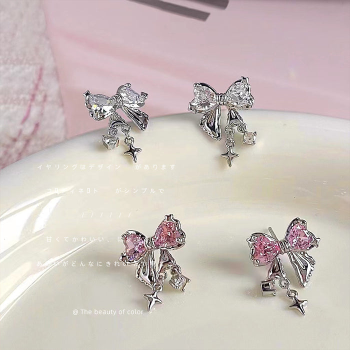 Silver Tone Bow And Star Drop Stud Earrings In Pink And Clear Stone