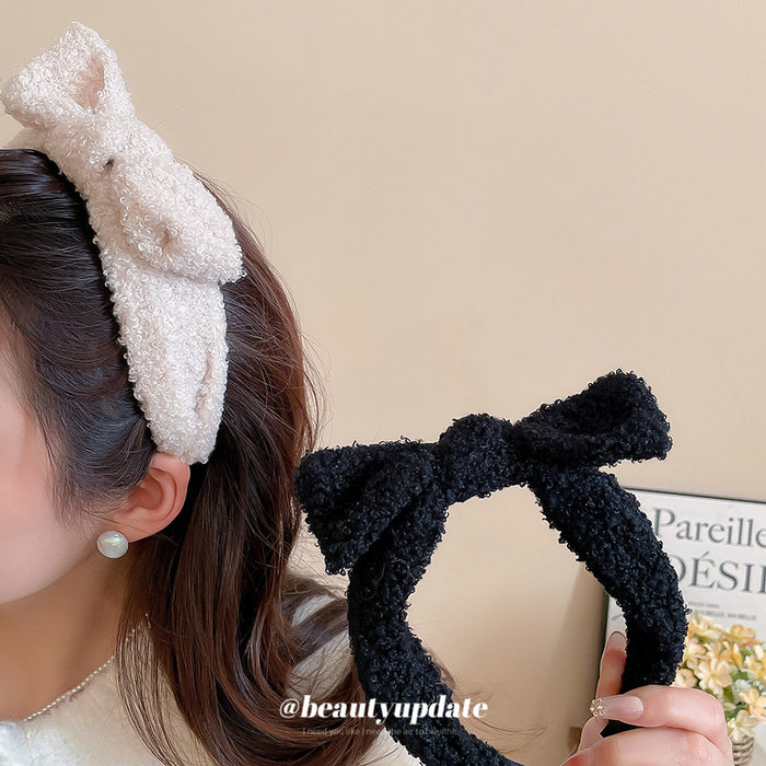 Black and Cream Boucle Terry Bow Padded Headband Pair