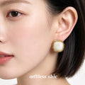 Gold Square Cream Pearl Stud Earrings Braided Frame Pair view 2