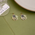 White Cat Floral Enamel Stud Earrings Gold Outline Daisy Leaves view 4