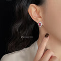 Silver Magenta Oval Crystal Cluster Stud Earrings Halo view 2