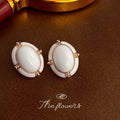White Enamel Oval Gold Frame Vintage Geometric Stud Earrings view 1