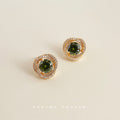 Olive Green Round Crystal Halo Stud Earrings Gold Tone view 4