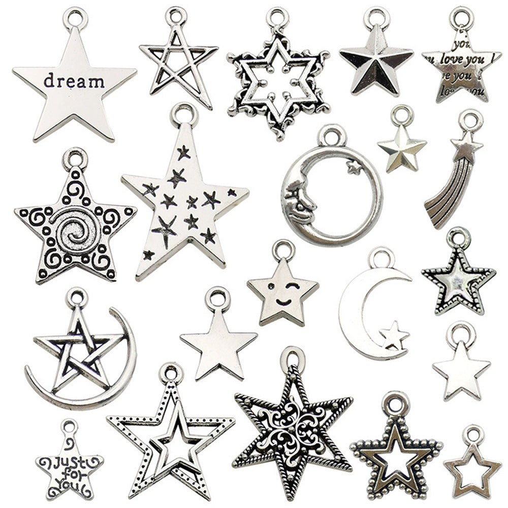 Vintage Zinc Alloy Star Pentagram Shooting Star Moon Hollow Charm Pendant for DIY Jewelry