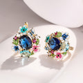 Gold Tone Floral Enamel Blue Oval Center Stud Earrings view 3