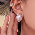 Oval Shell Pearl Zircon Halo Studs And Pave Ear Cuffs view 4