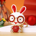 Jeweled Eyeglass Rabbit Keychain with White Enamel and Crystal Details view 3