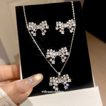 Silver CZ Pearl Bow Necklace Earrings Ring Three Styles