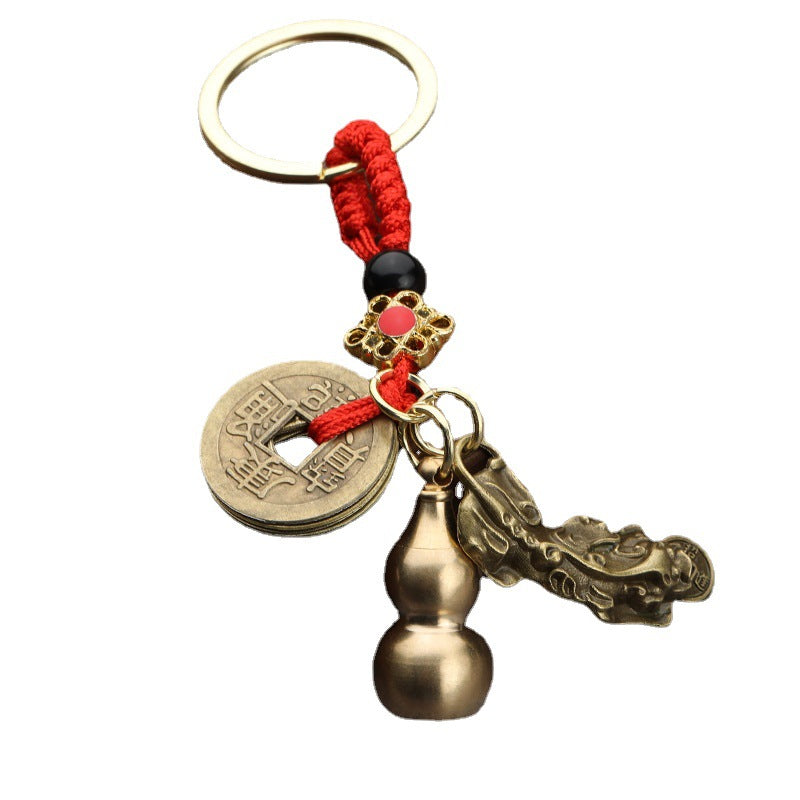 Brass Gourd Pixiu Keychain with Red Cord and Cinnabar Accent
