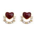 Gold Tone Burgundy Heart Stud Earrings Pearl Crystal Arc view 5