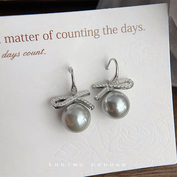Silver Pavé Zircon Bow Gray Pearl Hook Drop Earrings