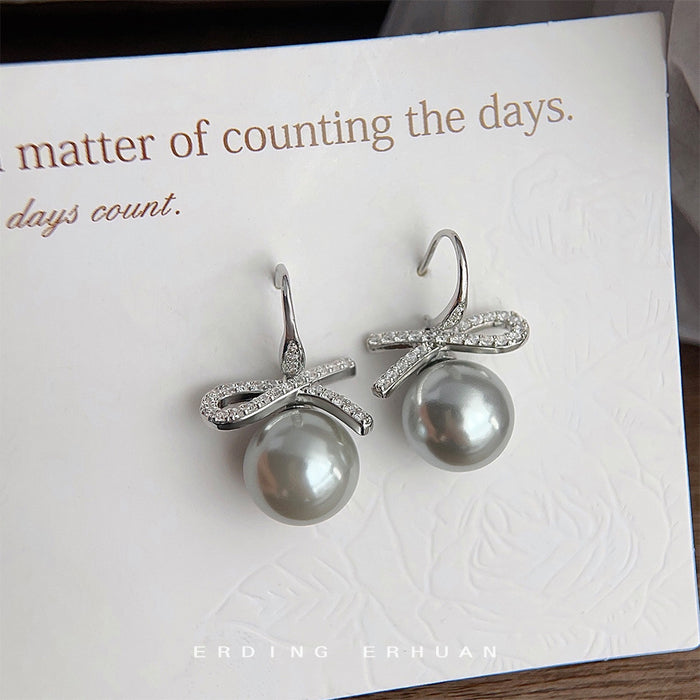 Silver Pavé Zircon Bow Gray Pearl Hook Drop Earrings