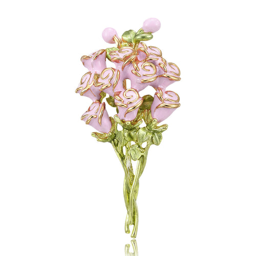 Pink enamel rose cluster brooch front view white background