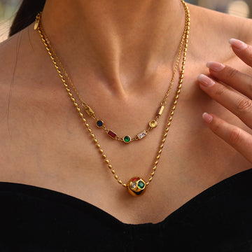 Gold Stainless Steel OT Link Chain And Multicolor Zircon Necklace