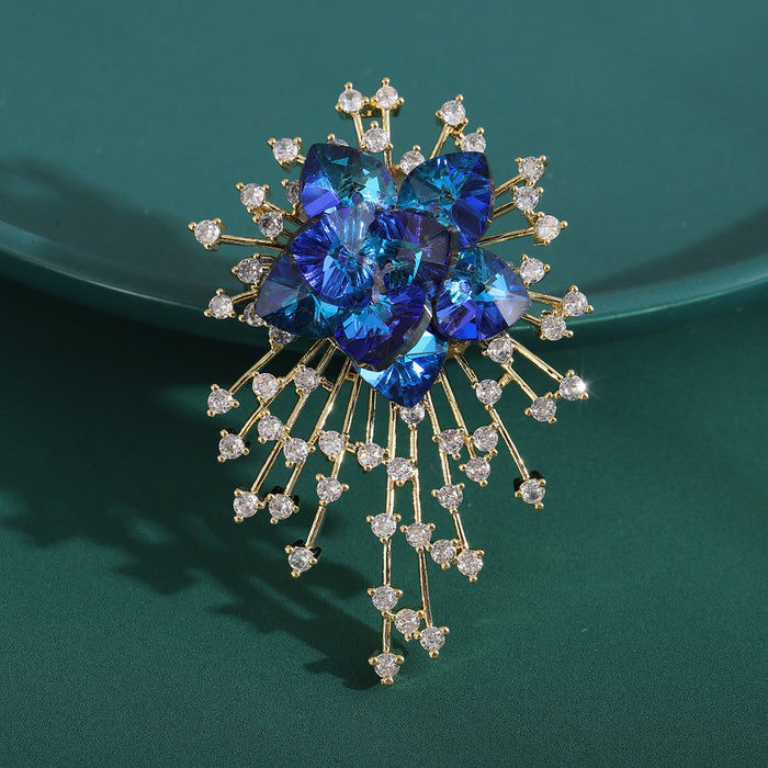 Gold Blue Crystal Flower Brooch Starburst Rhinestone Spray