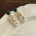 Green Square Stud Pearl Grape Cluster Drop Earrings view 3