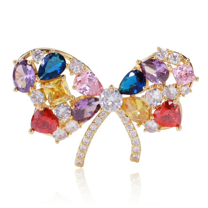 Gold Tone Multicolor Crystal Bow Brooch Pin Clear Accents