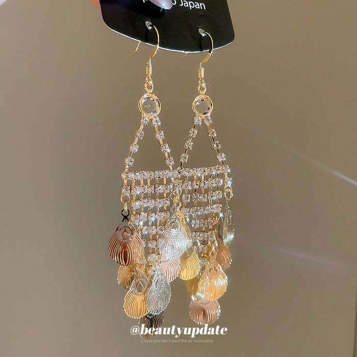 Gold Tone Crystal Chain and Disc Fringe Hook Earrings