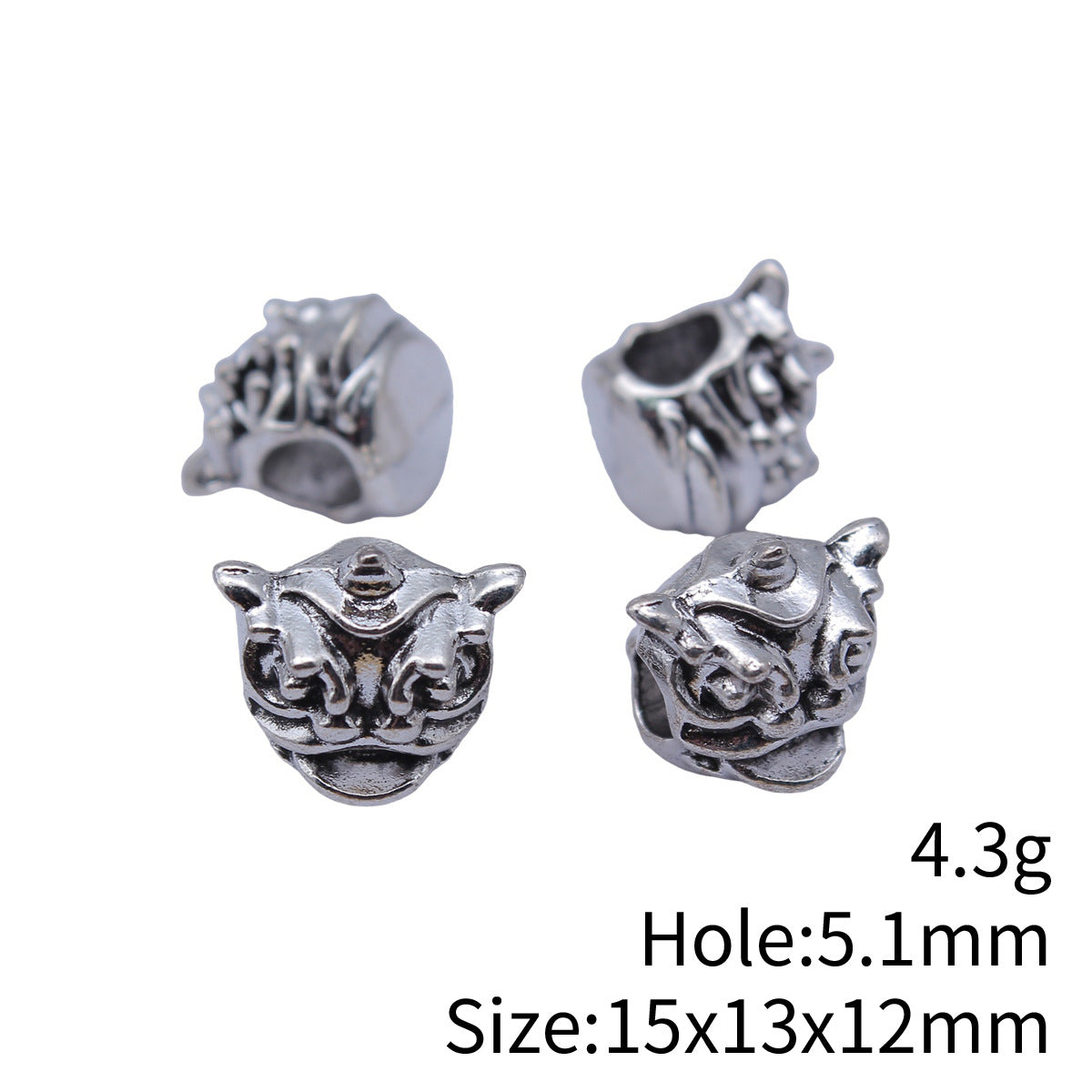 15x13x12mm 4.3g Antique Silver Zinc Alloy 3D Lion Dance Large Hole Beads for Bracelet Necklace DIY