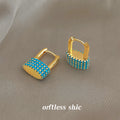 Gold Tone Aqua Clear Stone Padlock Huggie Hoop Earrings view 4