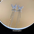 Silver Tone Crystal Butterfly Long Chain Ear Clips view 2