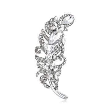 Silver Tone Leaf Crystal Metal Brooch Pin for Jackets and Lapels