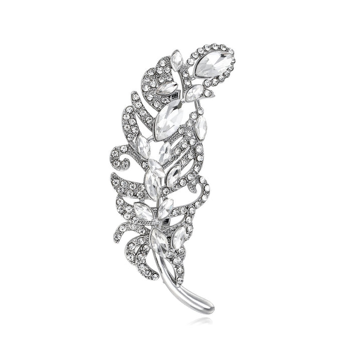 Silver Tone Leaf Crystal Metal Brooch Pin for Jackets and Lapels