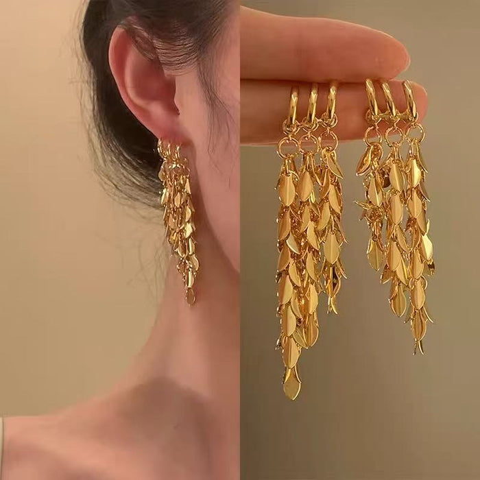 Gold Tone Layered Leaf Cluster Long Tassel Hoop Earrings