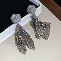 Rose Top Sequin Mesh Tassel Statement Stud Earrings view 6