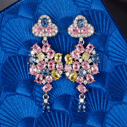 Multicolor Floral Cluster Long Drop Earrings Metal Jewelry Design shown from an alternate angle