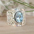 Aqua Oval Stone Filigree Wide Ring In Polished Silver Tone view 2