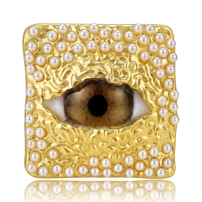 Pearl Square Eye Brooch in Detailed Metal for Jackets and Scarves