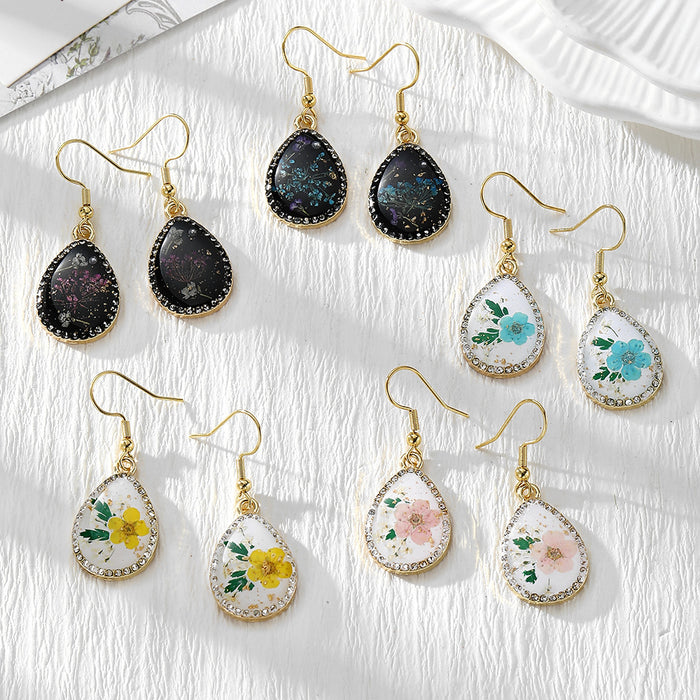 Gold Tone Rhinestone Teardrop Pressed Flower Drop Earrings in Five Designs