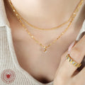 Gold Double Layer Necklace Oval Link Chain CZ Pendant view 3