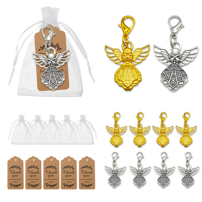 Collage showing gold-tone and silver-tone angel charms, white organza bags, and kraft thank-you cards.