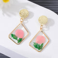 Three Design Gold Tone Geometric Resin Pressed Flower Drop Stud Earrings view 2