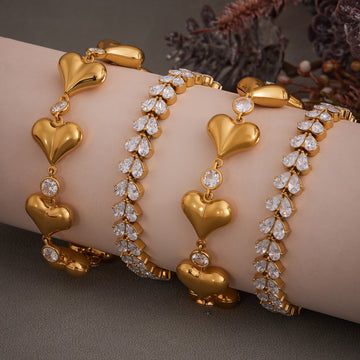 Crystal Leaf and Heart Bracelets in Gold and Silver Tone