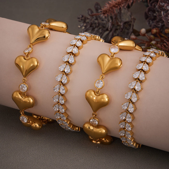 Crystal Leaf and Heart Bracelets in Gold and Silver Tone